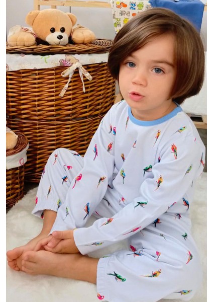 Erkek Çocuk Pijama Takımı Renkli Papağan Desenli 1-3 Yaş, Buz Mavisi