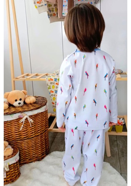 Erkek Çocuk Pijama Takımı Renkli Papağan Desenli 1-3 Yaş, Buz Mavisi
