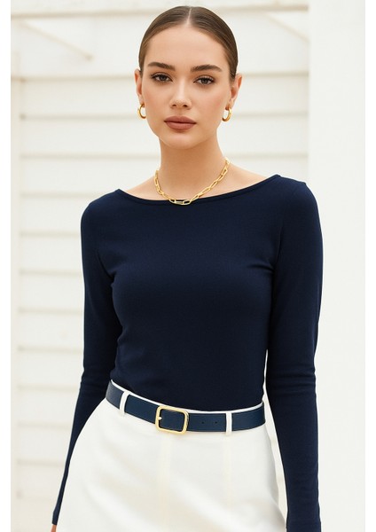 Kadın Lacivert Kayık Yaka Uzun Kollu Bluz