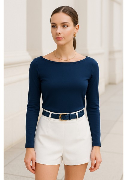 Kadın Lacivert Kayık Yaka Uzun Kollu Bluz fiyatları