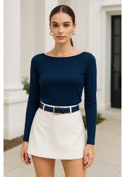Kadın Lacivert Kayık Yaka Uzun Kollu Bluz modelleri