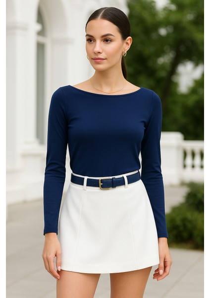 Kadın Lacivert Kayık Yaka Uzun Kollu Bluz fırsatları