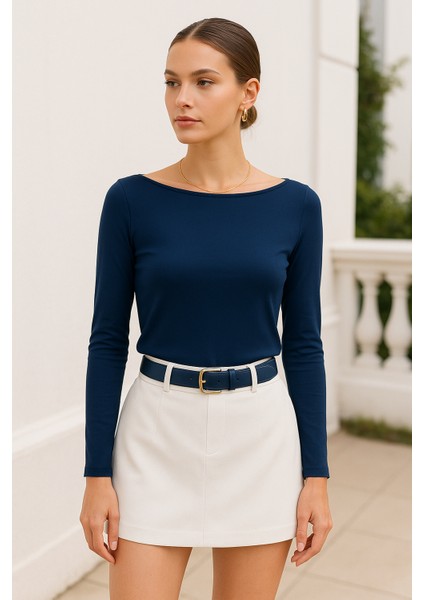 Kadın Lacivert Kayık Yaka Uzun Kollu Bluz indirimleri