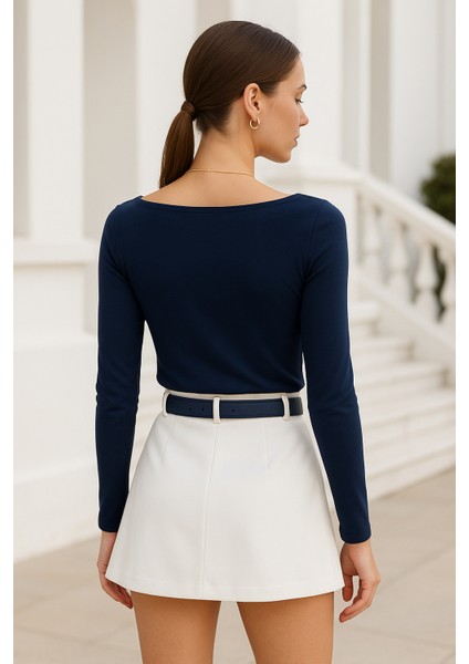 Kadın Lacivert Kayık Yaka Uzun Kollu Bluz