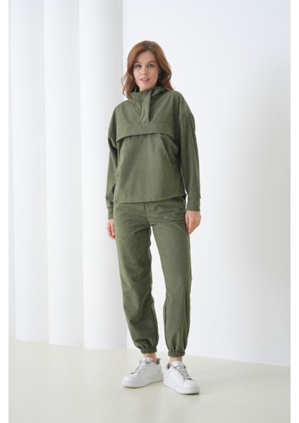 Kadın Kadife Oversize Salaş Kangru Cep Kapşonlu Sweatshirt Lastik Paça Spor Şık Eşofman Takımı