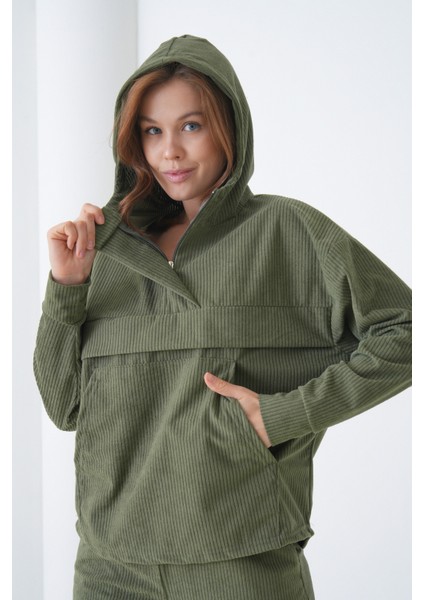 Kadın Kadife Oversize Salaş Kangru Cep Kapşonlu Sweatshirt Lastik Paça Spor Şık Eşofman Takımı modelleri