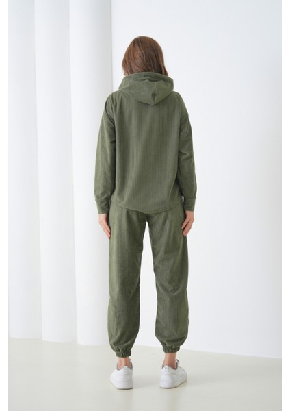 Kadın Kadife Oversize Salaş Kangru Cep Kapşonlu Sweatshirt Lastik Paça Spor Şık Eşofman Takımı indirimleri