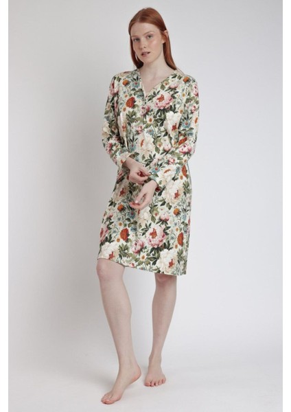 61414 Yeşil Çiçek Desenli Gecelik