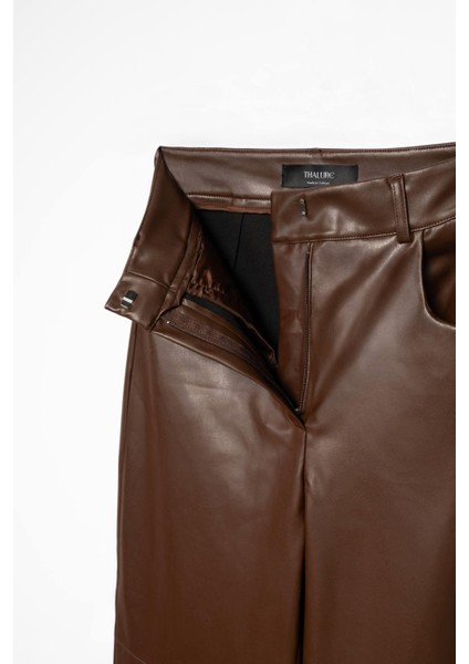 Kadın Kahverengi Bol Paça Deri Pantolon modelleri