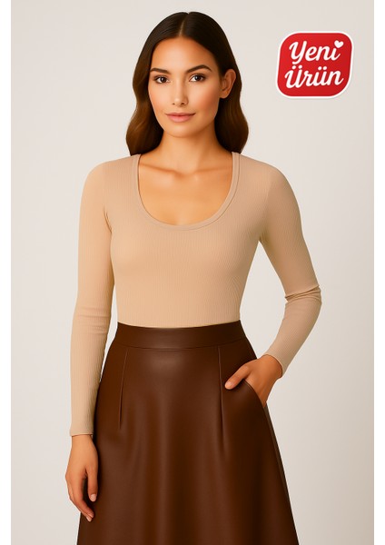 Havuz Yaka Uzun Kol Fitilli Bluz