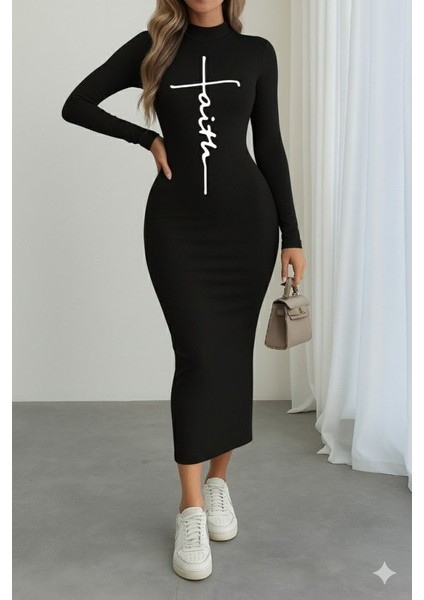 Kadın Uzun Kollu Boğazlı Baskı Detaylı Viskon Tam Boy Elbise