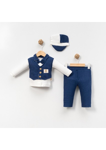 6-9-12-18 Ay Yelek Detaylı Kasketli Uzun Kollu Mevsimlik 3 Lü Erkek Takımı