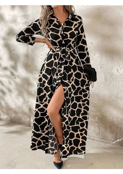 Miracotton Kadın Uzun Kollu Yakalı Önü Düğmeli Desenli Belden Kuşaklı Uzun Süprem Elbise modelleri