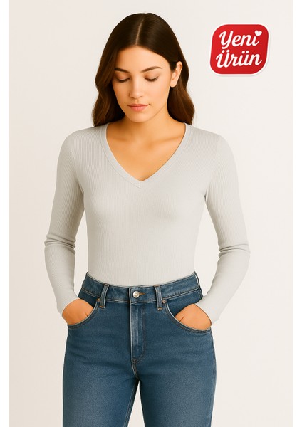 V Yaka Uzun Kol Fitilli Bluz