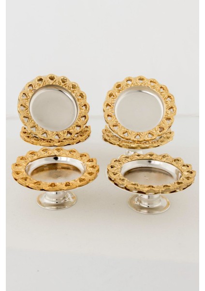 6'lı Kahve Yanı Ayaklı Lokumluk & Şekerlik Seti – Gold Zamak Kenar, Gümüş Renk Gövde