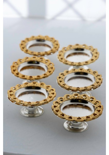 6'lı Kahve Yanı Ayaklı Lokumluk & Şekerlik Seti – Gold Zamak Kenar, Gümüş Renk Gövde modelleri