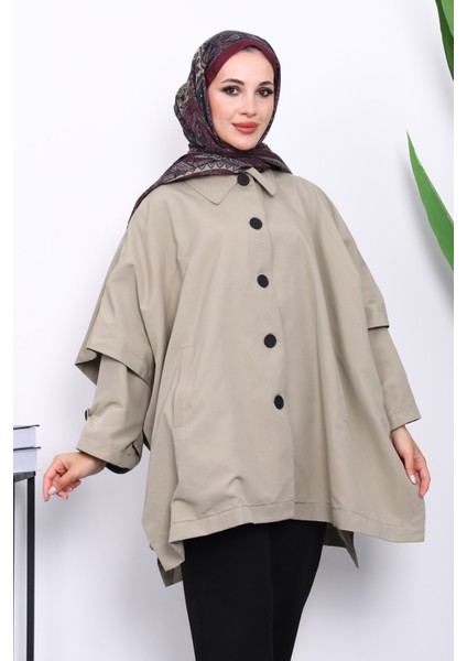 Açık Haki Oversize Düğmeli Panço Trenç