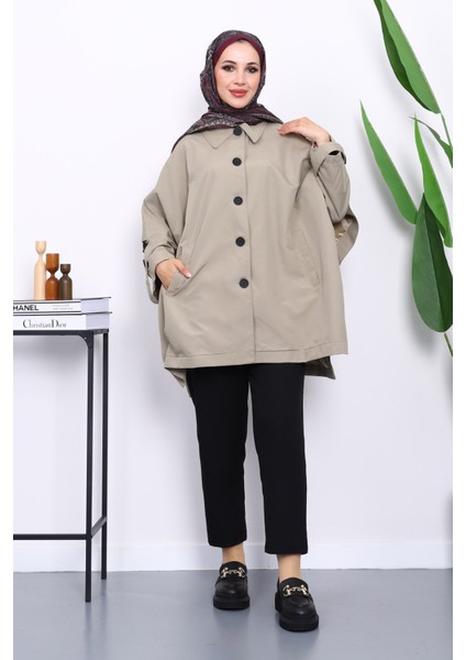 Açık Haki Oversize Düğmeli Panço Trenç fiyatları