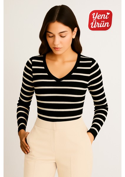 V Yaka Uzun Kol Fitilli Bluz