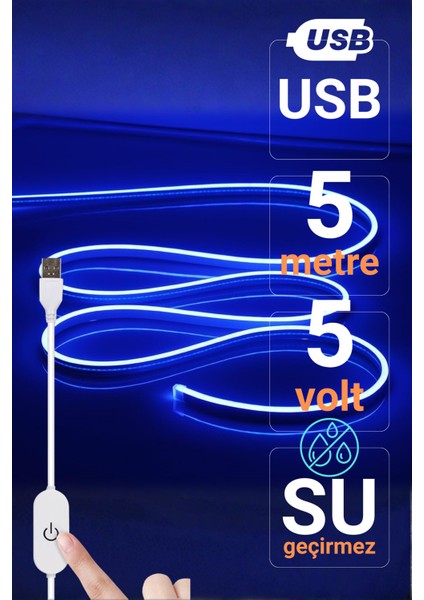 5V USB Neon LED Şerit 5 Metre Mavi | Silikonlu Su Geçirmez Esnek Aydınlatma fiyatları