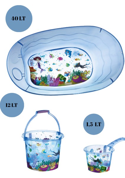 Bebek Banyo Seti Şeffaf Balık Desenli Küvet Kova Maşrapa Seti Mavi Renk