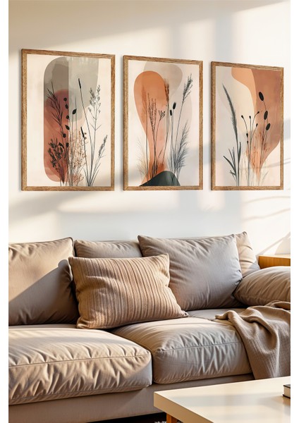 3 Parça Doğanın Sükuneti Konsepli Ahşap Çerçeve Görünümlü Mdf Tablo Seti