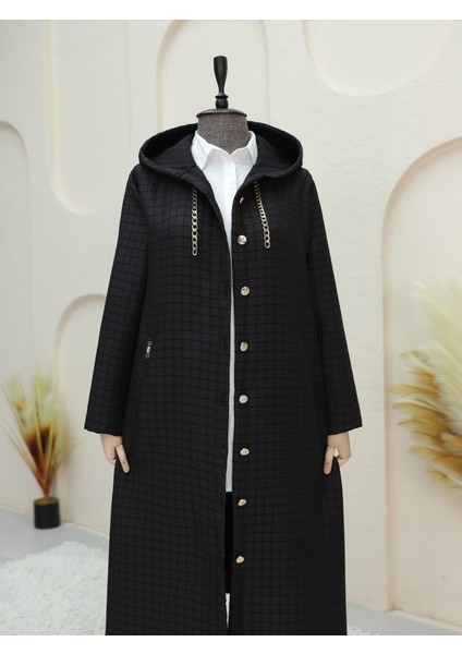 Alpaco Yakası Zincir Detaylı Uzun Kapitone Kaban -Siyah -Collectıon