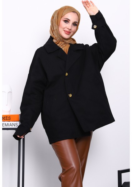 Siyah Düğmeli Oversize Kanvas Ceket
