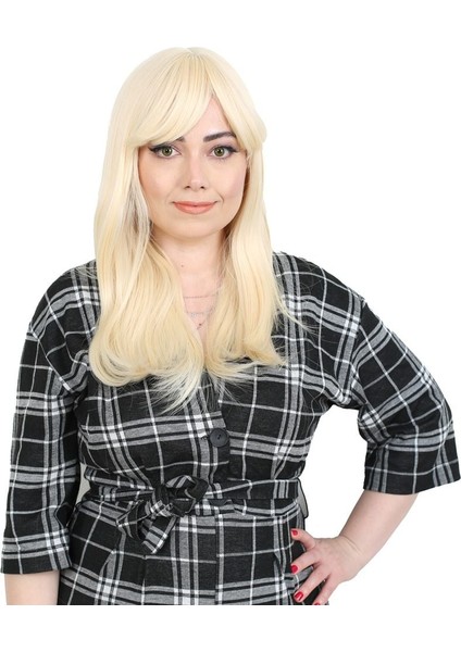 Düz Perçemli Orta Boy Fiber Sentetik Peruk / Platin