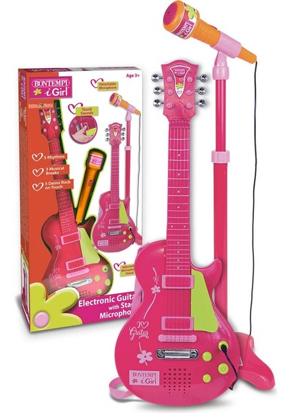 Elektronik Ayaklı Mikrofonlu Pembe Gitar - S00045872 Kız Erkek Çocuk Oyuncak Eğitici Oyuncaklar