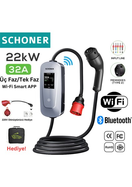 22KW Taşınabilir Elektrikli Araç Şarj Istasyonu Wi-Fi / Bluetooth Smart 5 Metre Tip2 Kablolu Trifaz/monofaz 32A