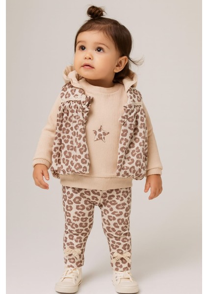 Laura Baby Leopar Desenli Yelekli Kız Bebek 3 Lü Takım