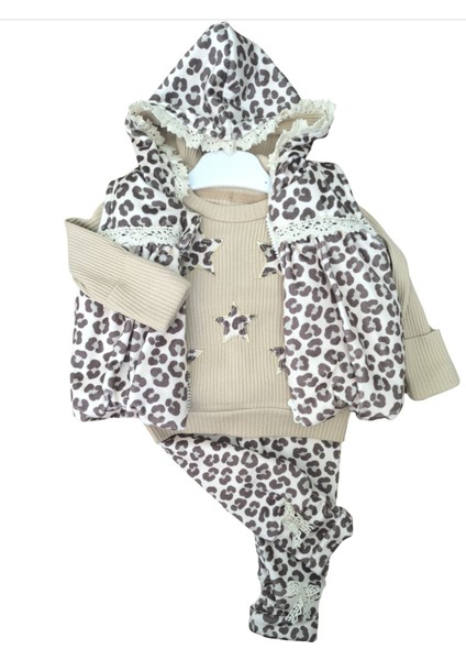 Laura Baby Leopar Desenli Yelekli Kız Bebek 3 Lü Takım