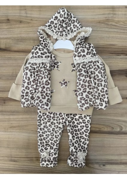 Laura Baby Leopar Desenli Yelekli Kız Bebek 3 Lü Takım