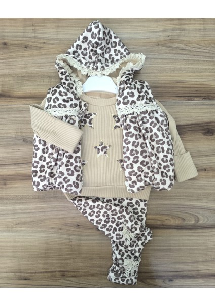 Laura Baby Leopar Desenli Yelekli Kız Bebek 3 Lü Takım