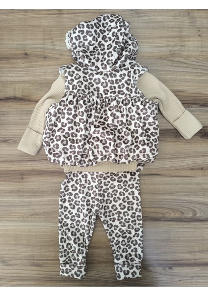 Laura Baby Leopar Desenli Yelekli Kız Bebek 3 Lü Takım