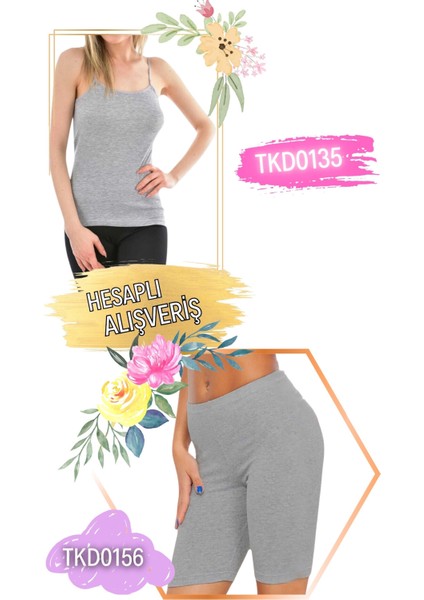 Kadın Ribana Ip Askılı Atlet ve Diz Boy Kısa Tayt Takım 6'lı Set (12 Parça) TKD0135 - TKD0156
