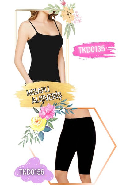 Kadın Ribana Ip Askılı Atlet ve Diz Boy Kısa Tayt Takım 6'lı Set (12 Parça) TKD0135 - TKD0156 fırsatları