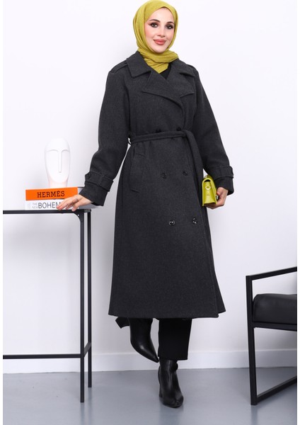 Antrasit Kruvaze Yaka Kuşaklı Kaşe Kaban fiyatları