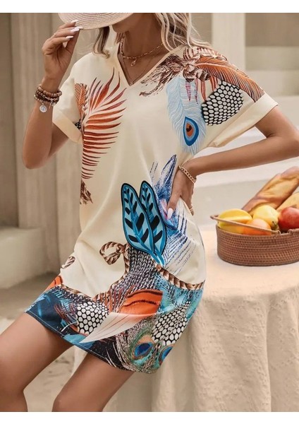 Kadın Kısa Kollu V Yakalı Desenli Mini Atlas Elbise