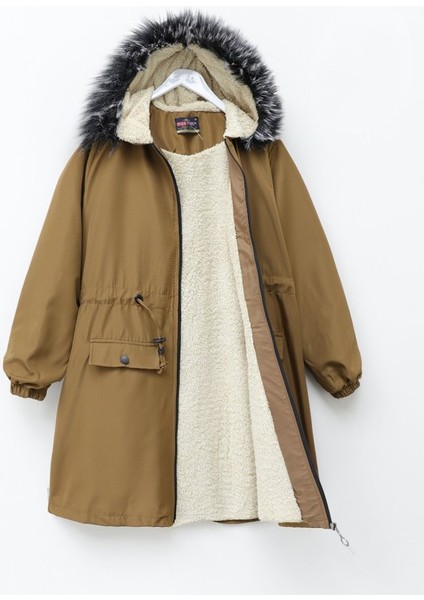 Alpaco Sabit Kapşonlu Içi Kürklü Bondit Kaban -Taba -Collectıon