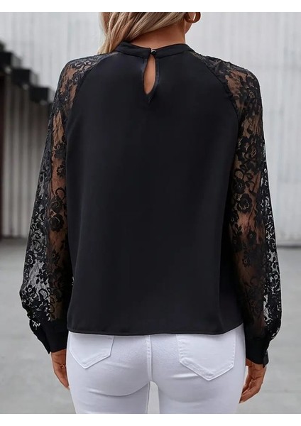 Kadın Uzun Dantel Kollu Yuvarlak Yakalı Sandy Bluz fırsatları