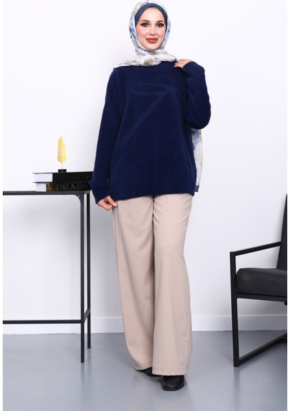 Lacivert Bisiklet Yaka Desenli Angora Yumoş Triko Kazak fiyatları