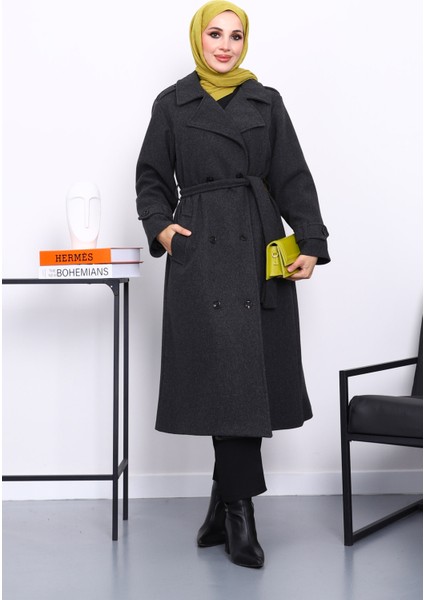 Antrasit Kruvaze Yaka Kuşaklı Kaşe Kaban