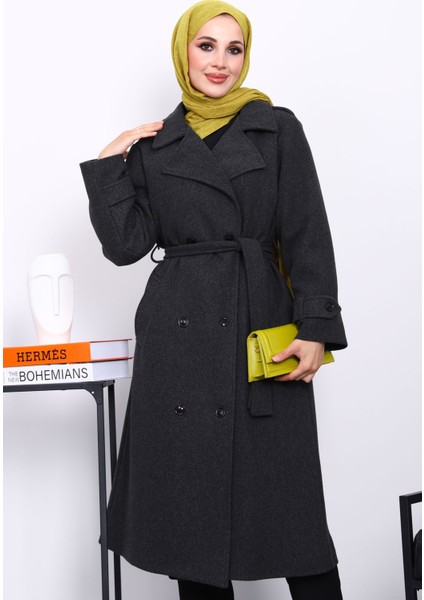 Antrasit Kruvaze Yaka Kuşaklı Kaşe Kaban modelleri