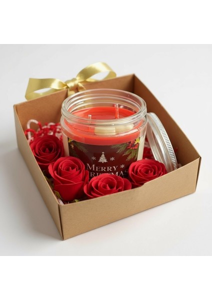% 100 Doğal Soya Wax Merry Christmas Kokulu Mum -Büyük Boy 210 ml - Kırmızı Güllerle ve Özel Hediye Kutusunda
