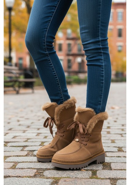 G25K433 Hakiki Süet Deri Içi Hakiki Kuzu Kürk Camel Beji Kadın Bot