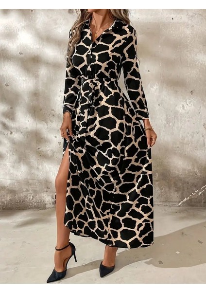 Kadın Uzun Kollu Yakalı Önü Düğmeli Desenli Belden Kuşaklı Uzun Süprem Elbise