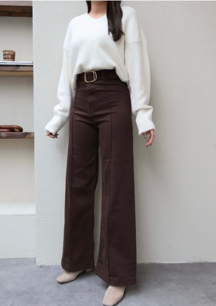 Dikiş Detaylı Geniş Paça Likralı Pantolon