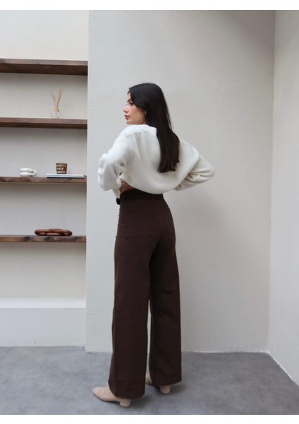 Dikiş Detaylı Geniş Paça Likralı Pantolon modelleri